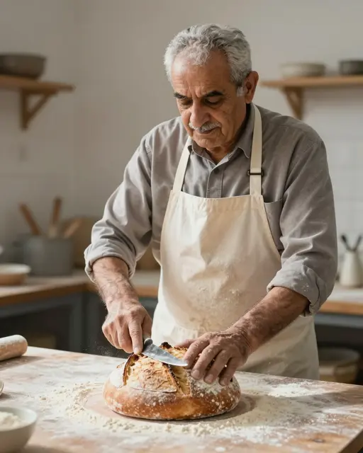 An older Middle Eastern man in a flour-dusted apron scores a round sourdough loaf with a small blade in soft morning kitchen