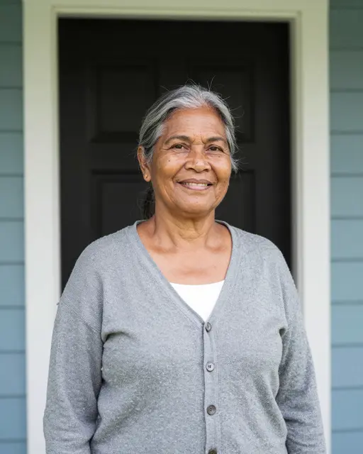 Smiling senior Pacific Islander woman in a gray cardigan stands at a cottage front door
