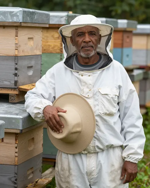 A mixed-race man in his fifties wearing beekeeping gear holds a spare hat next to stacked wooden beehives
