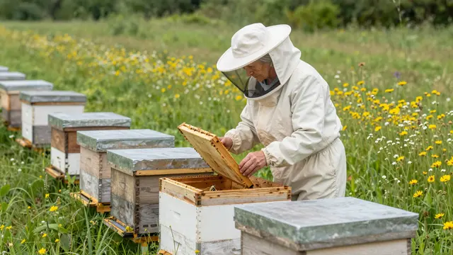 Elderly woman in a white beekeeping suit examines an open beehive beside a row of hives in a wildflower meadow