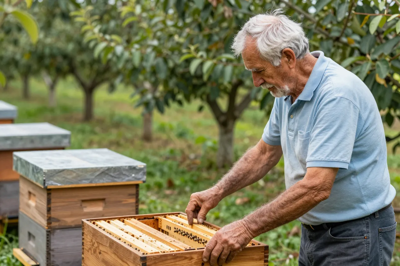 Side view of an older beekeeper inspecting a wooden beehive frame in a fruiting orchard