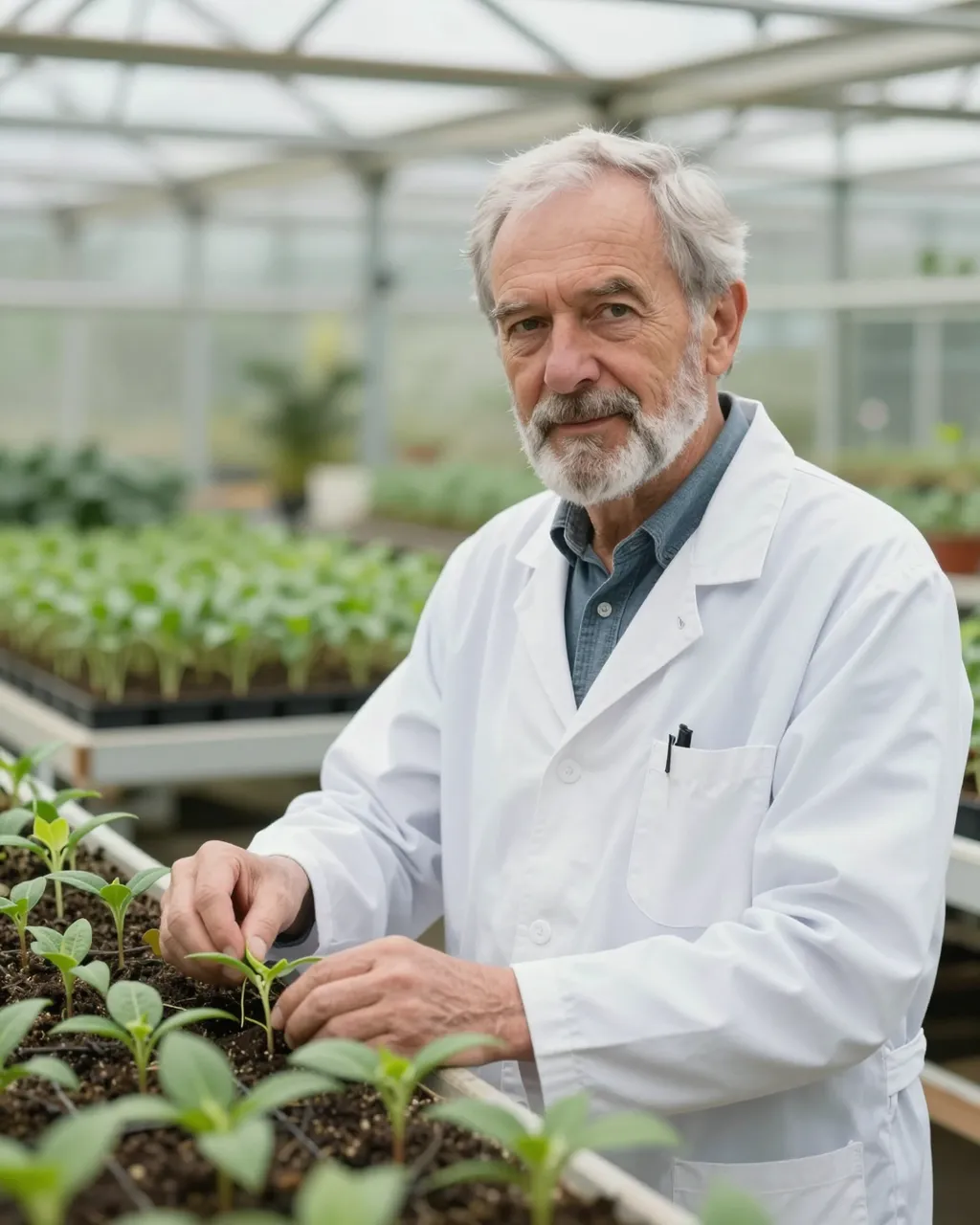 Older male biologist in a lab coat tends to seedlings inside a sunlit greenhouse.