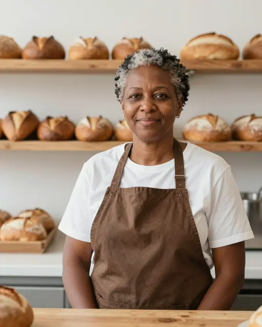 Mature Black female baker stands behind a wooden counter in her bakery, with sourdough loaves on shelves behind her