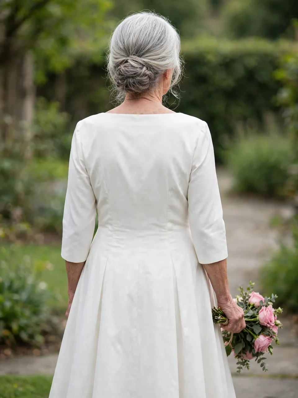 Back view of a senior silver-haired bride holding a pink rose bouquet standing on a garden path