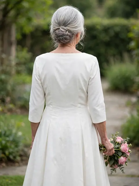 Back view of a senior silver-haired bride holding a pink rose bouquet standing on a garden path