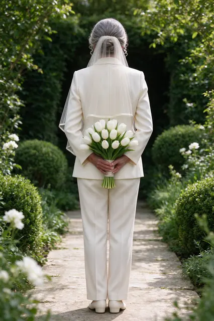 Back view of an older bride standing in a sunken garden holding a white tulip bouquet behind her back