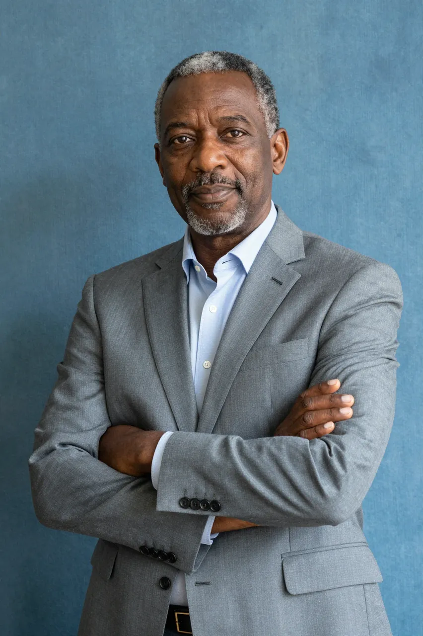 Half-length portrait of a sixties Black man in a gray suit with arms crossed against a blue backdrop