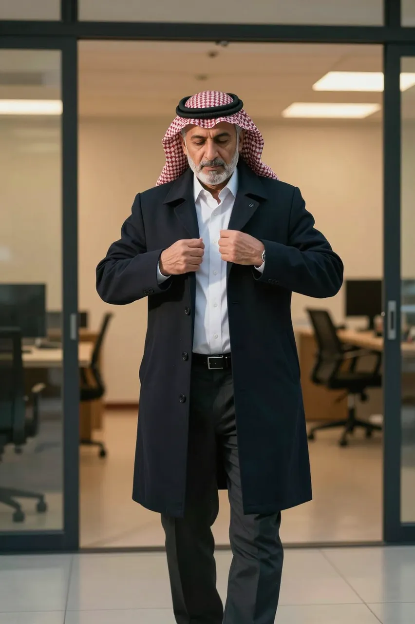 Older Middle Eastern man buttons his overcoat while exiting a modern empty office at dusk