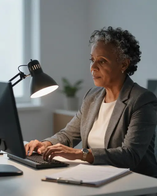Older Black woman in a blazer types at a lit desk lamp in a quiet dusk office