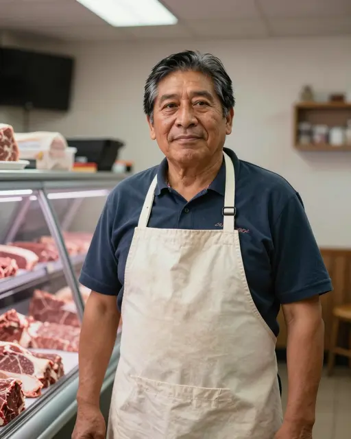 Middle aged Indigenous butcher in a canvas apron stands beside a soft focus meat display case in his shop.
