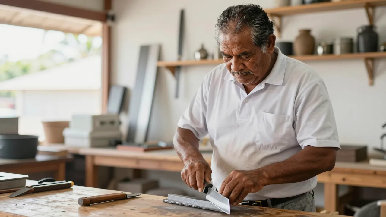 Older Pacific Islander man sharpens a chef knife on a sharpening stone inside a bright shop