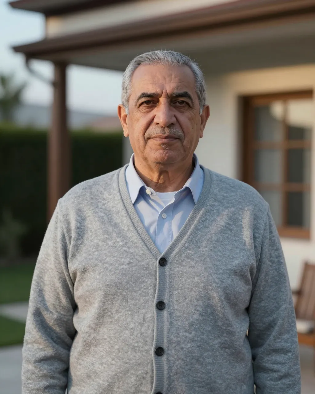 Older Middle Eastern man in a gray cardigan stands on a residential porch in soft evening light