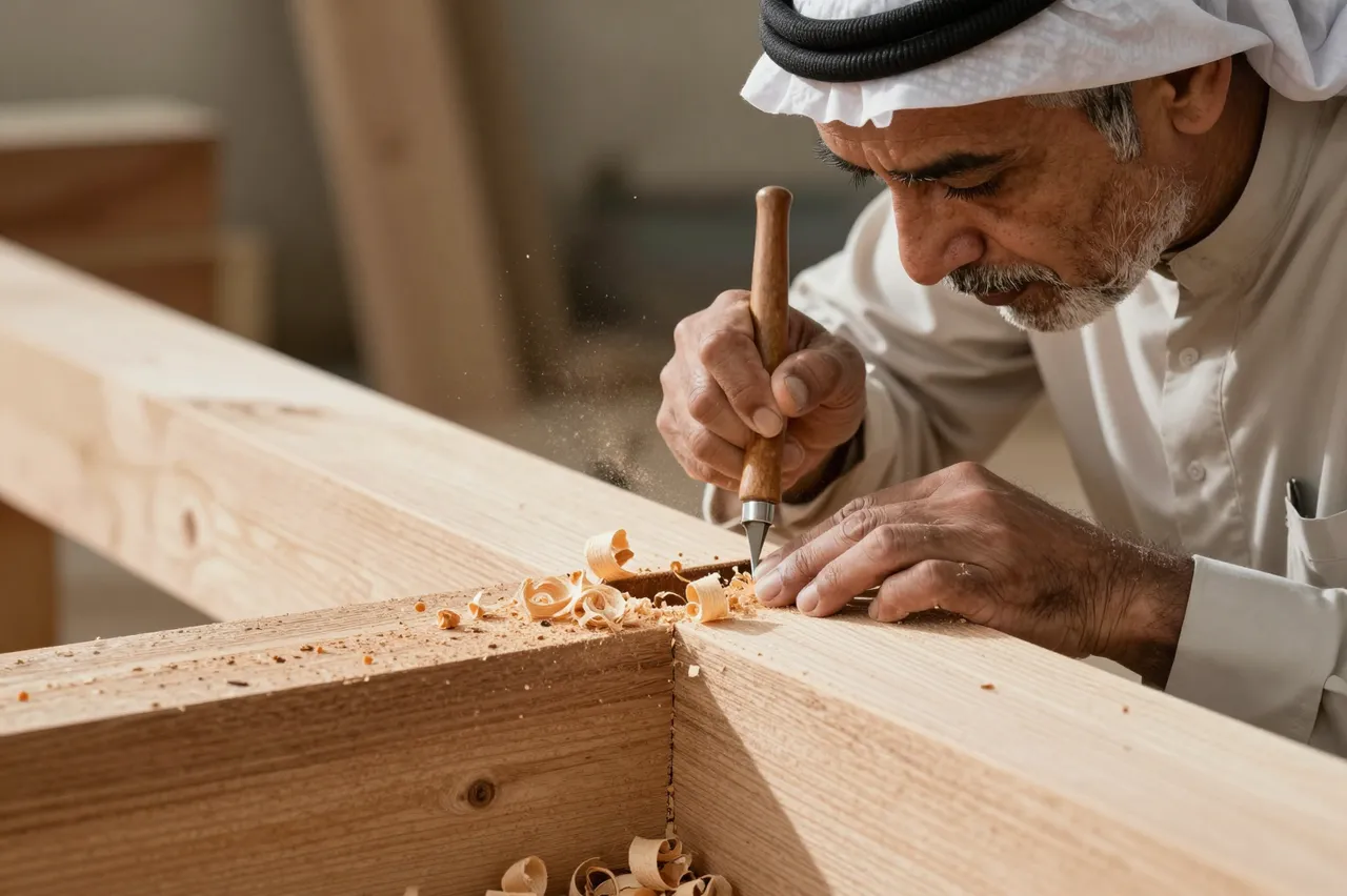 Older Middle Eastern carpenter carefully chisels a mortise in a thick wood beam with curled wood shavings around the work