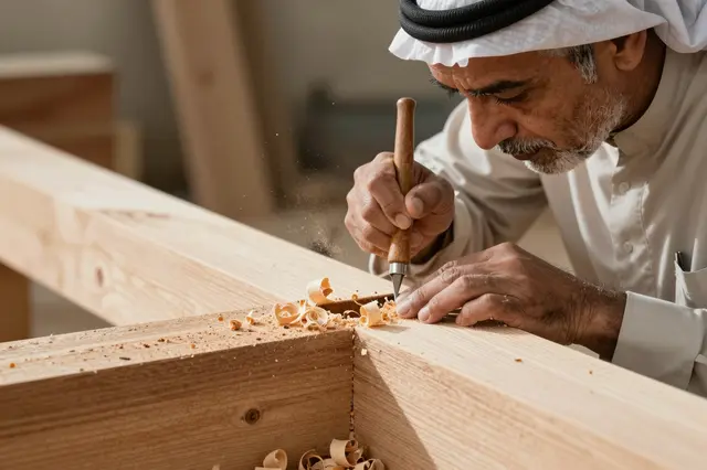 Older Middle Eastern carpenter carefully chisels a mortise in a thick wood beam with curled wood shavings around the work