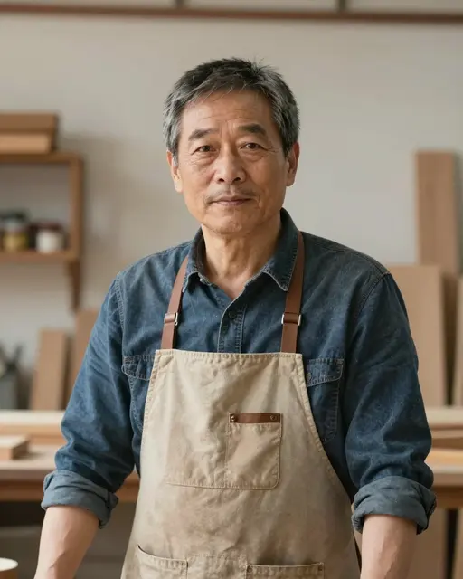 Portrait of an East Asian man in his sixties wearing a canvas apron standing in his woodshop