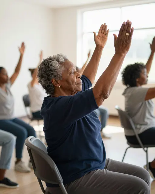 Group of women participate in a seated chair stretch class in a sunlit community hall
