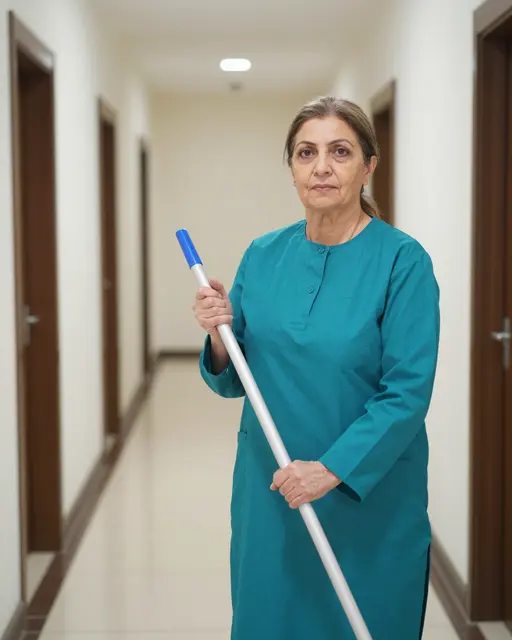 Older Middle Eastern cleaner in a teal tunic holds a mop while standing in a bright hallway