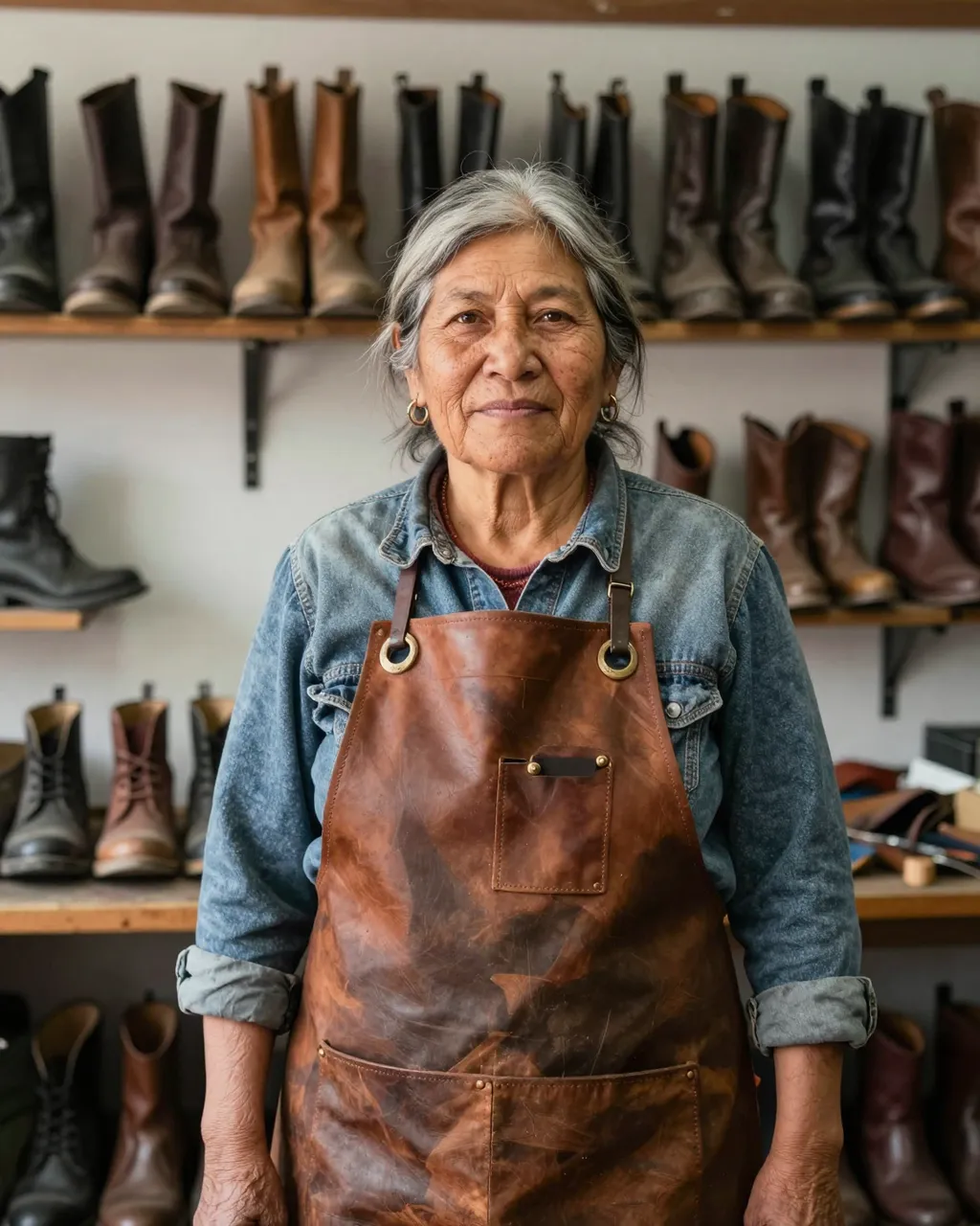 Elderly Indigenous female cobbler stands in a leather apron in her boot-lined repair shop