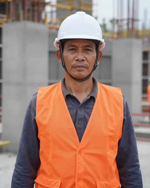 Middle-aged Southeast Asian construction worker stands wearing a hard hat and safety vest at a concrete building site