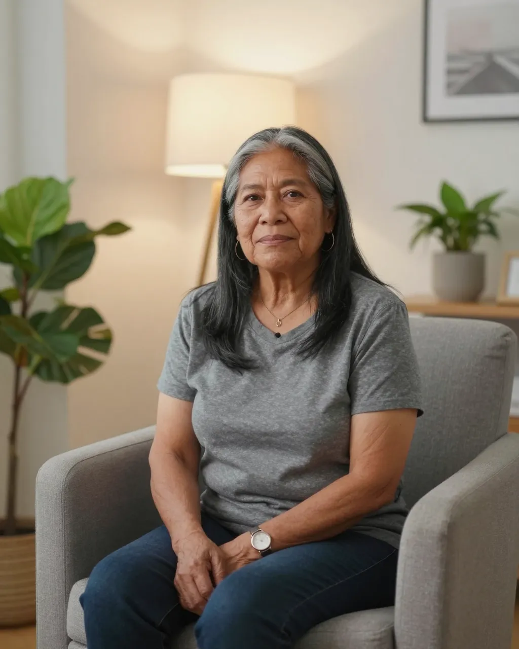Older Indigenous woman in her sixties sits calmly in a gray armchair in a warm plant-filled therapy office.