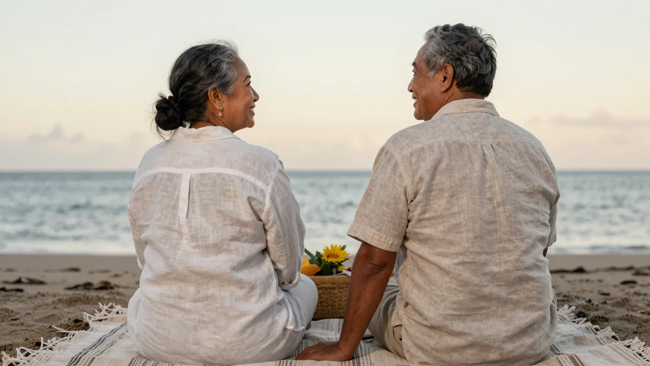 Senior Pacific Islander couple sit on a beach blanket facing each other at sunset, with a picnic basket between them