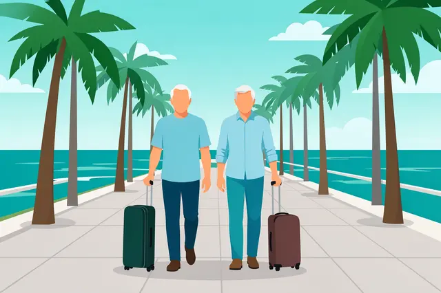 Two faceless senior men walk with rolling suitcases along a palm lined seaside promenade