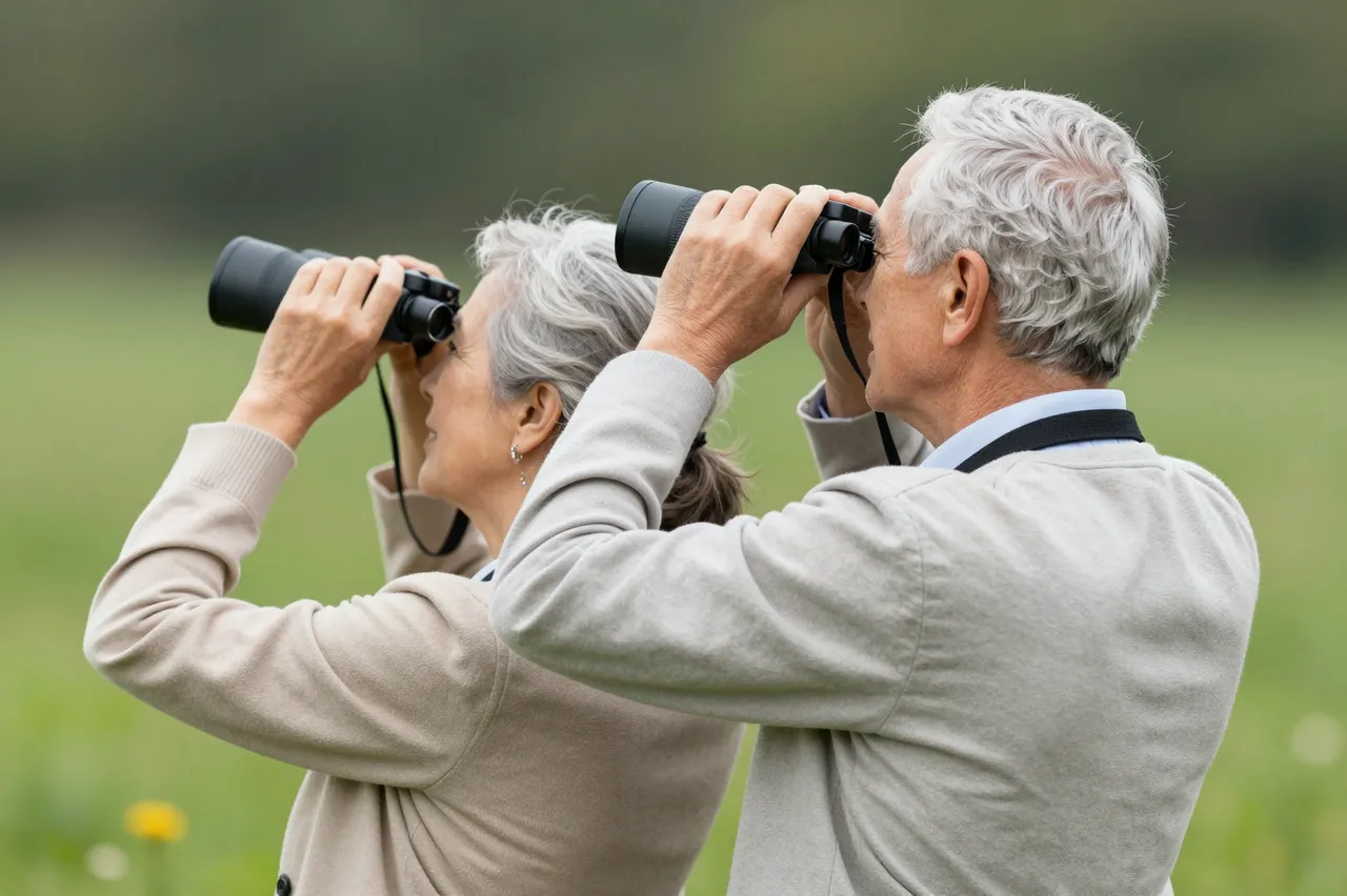 Back view of an older couple standing in a green meadow looking through binoculars