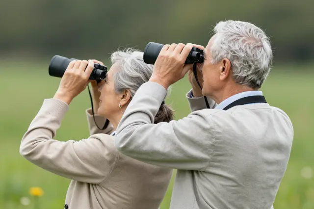 Back view of an older couple standing in a green meadow looking through binoculars