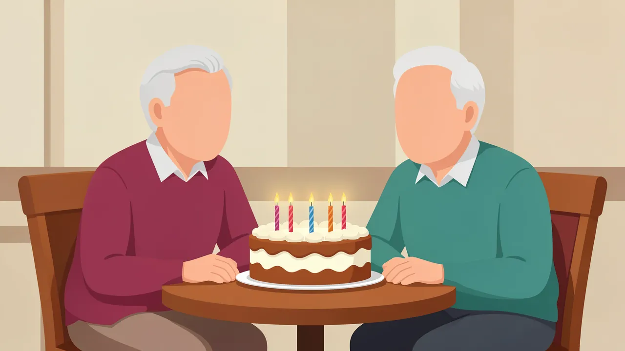 Two faceless elderly men sit at a cafe table with a lit birthday cake between them