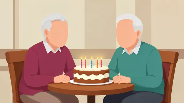 Two faceless elderly men sit at a cafe table with a lit birthday cake between them