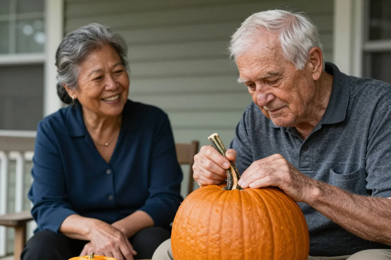 An elderly man holds a pumpkin stem as an elderly Southeast Asian woman laughs while watching him on a home porch