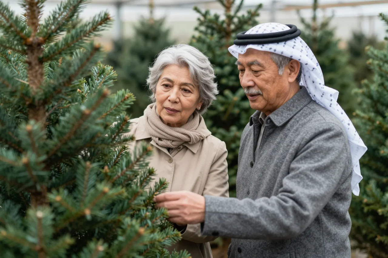 An older couple examines a fir tree while shopping at a Christmas tree lot