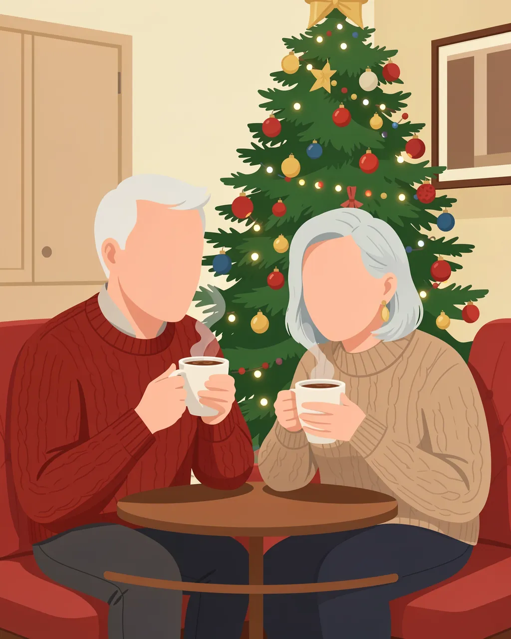 Faceless older couple sits together drinking hot cocoa in front of a decorated Christmas tree