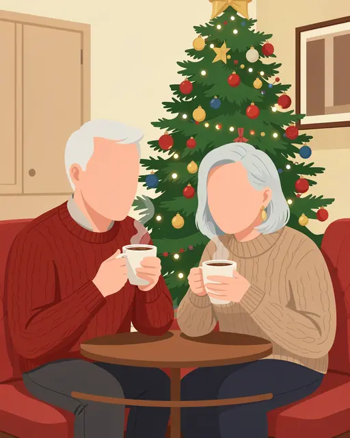 Faceless older couple sits together drinking hot cocoa in front of a decorated Christmas tree
