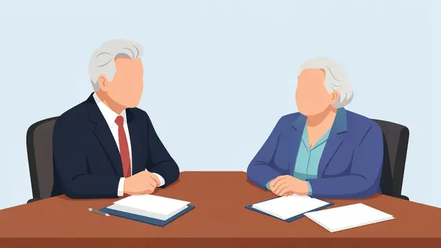 Faceless senior couple sit across a wooden desk with blank documents during a financial planning meeting
