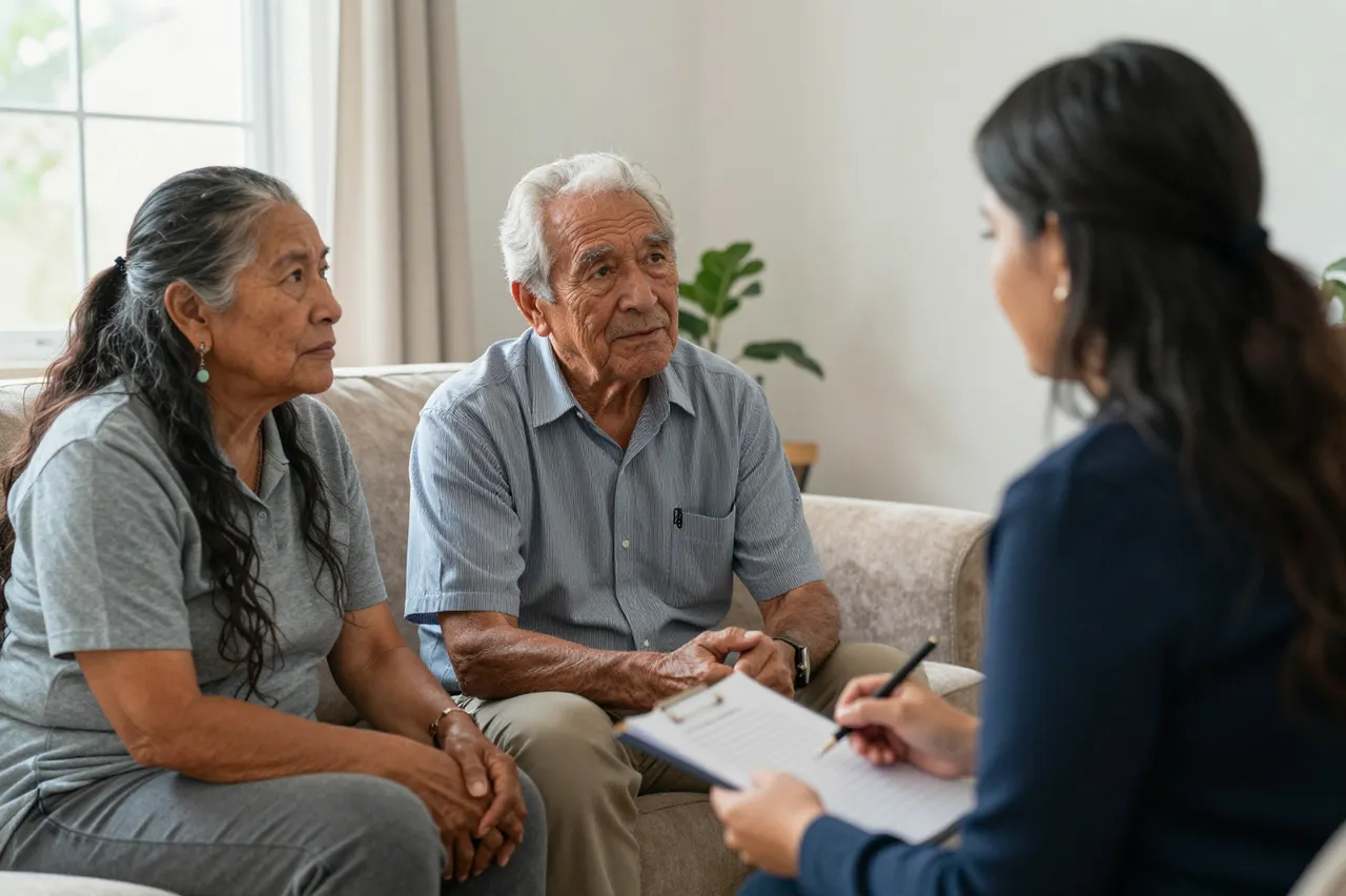 Older couple sits on a living room couch talking to a woman holding a clipboard during a home consultation.