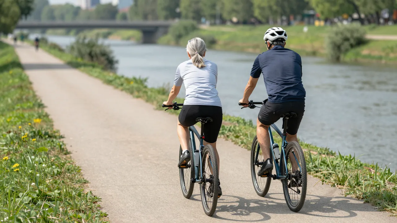 Rear view of a senior man and woman cycling side by side on a paved riverside path on a sunny day