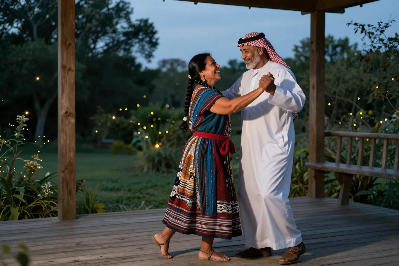 Two smiling senior adults dance together on a wooden porch surrounded by glowing fireflies at twilight