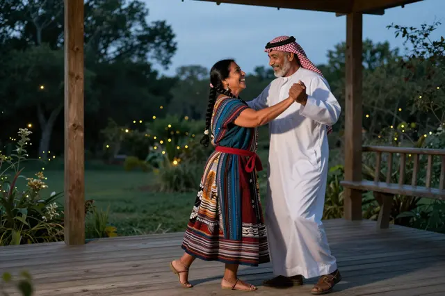 Two smiling senior adults dance together on a wooden porch surrounded by glowing fireflies at twilight