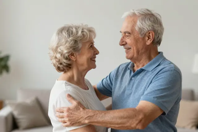 A smiling senior couple holds each other and dances together in a bright living room