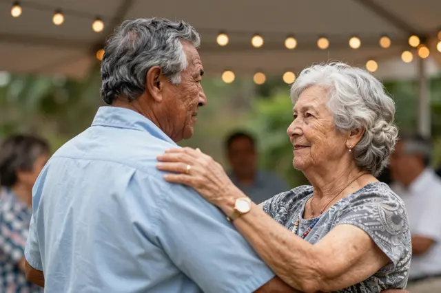 An elderly Indigenous man and elderly white woman dance together under warm string lights at an outdoor gathering