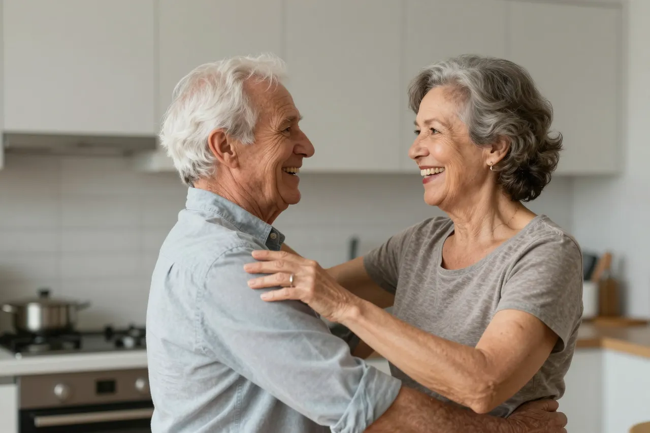Laughing elderly couple dance together facing one another in a bright home kitchen