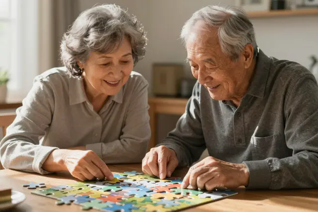 An older couple sits together at a wooden table working on a colorful jigsaw puzzle in warm home lighting