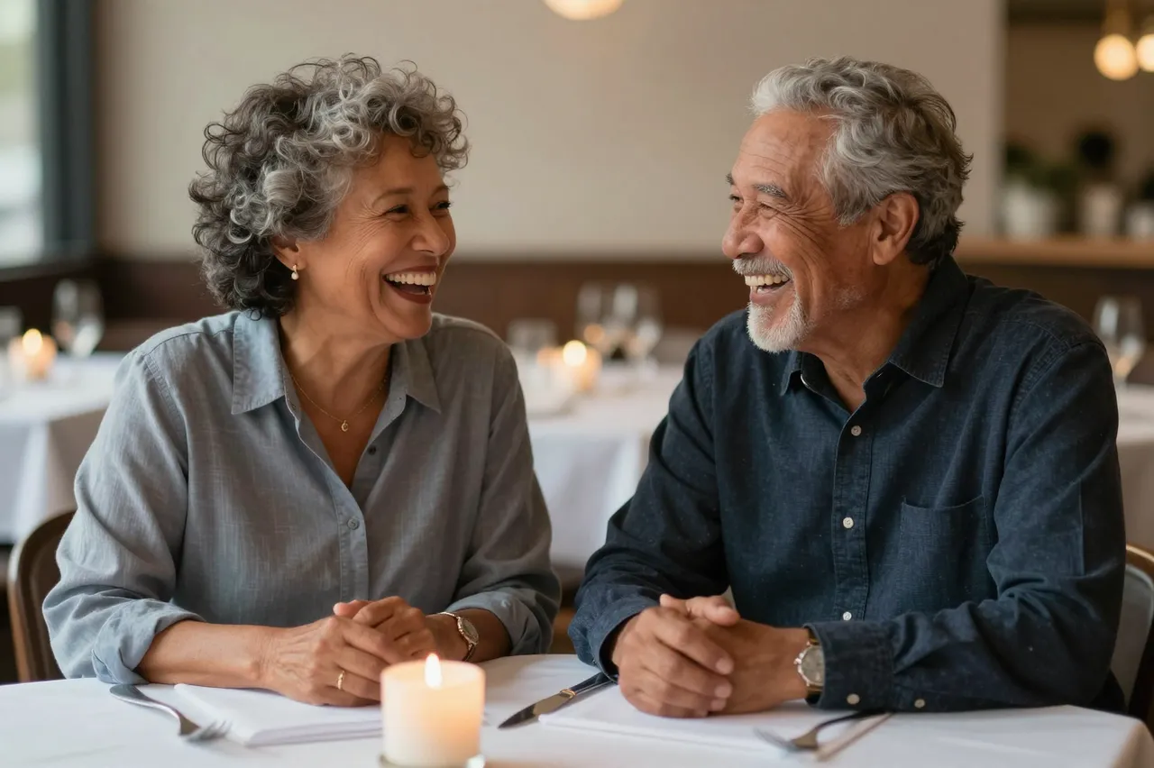 A smiling older mixed-race couple laugh together across a candlelit restaurant dining table