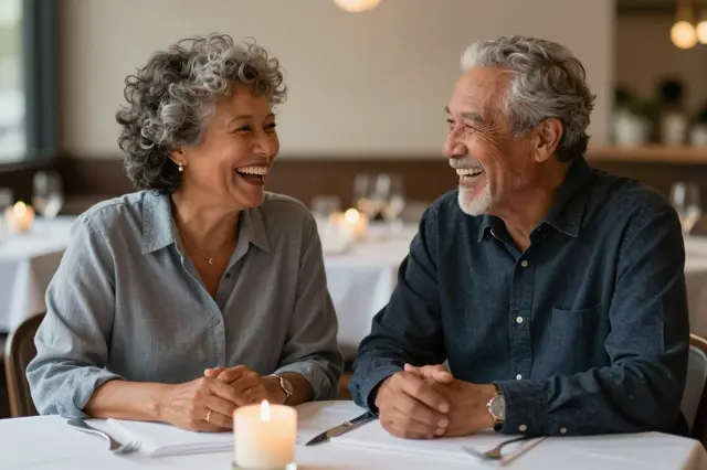 A smiling older mixed-race couple laugh together across a candlelit restaurant dining table