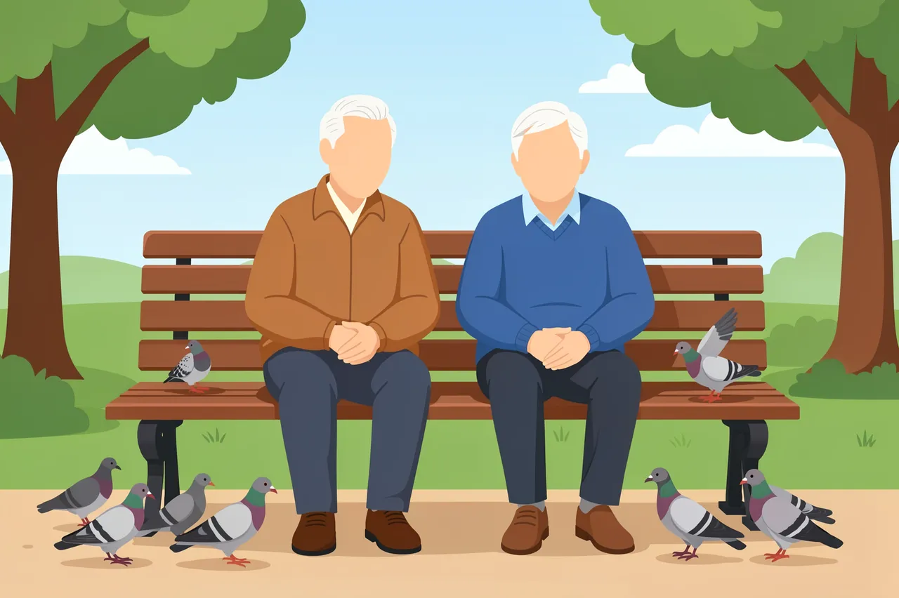 Two faceless senior men sit on a wooden park bench surrounded by pigeons in a sunny park