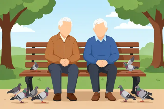 Two faceless senior men sit on a wooden park bench surrounded by pigeons in a sunny park