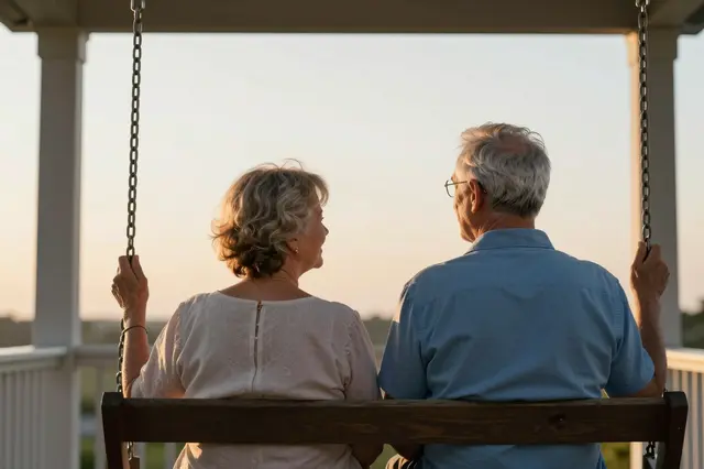 A retired couple sits side by side on a wooden porch swing, viewed from behind as they face a golden sunset sky.