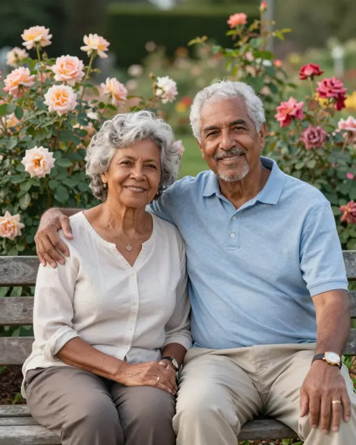 An elderly mixed-race couple sits closely on a wooden garden bench as the man rests his arm around the woman's shoulder