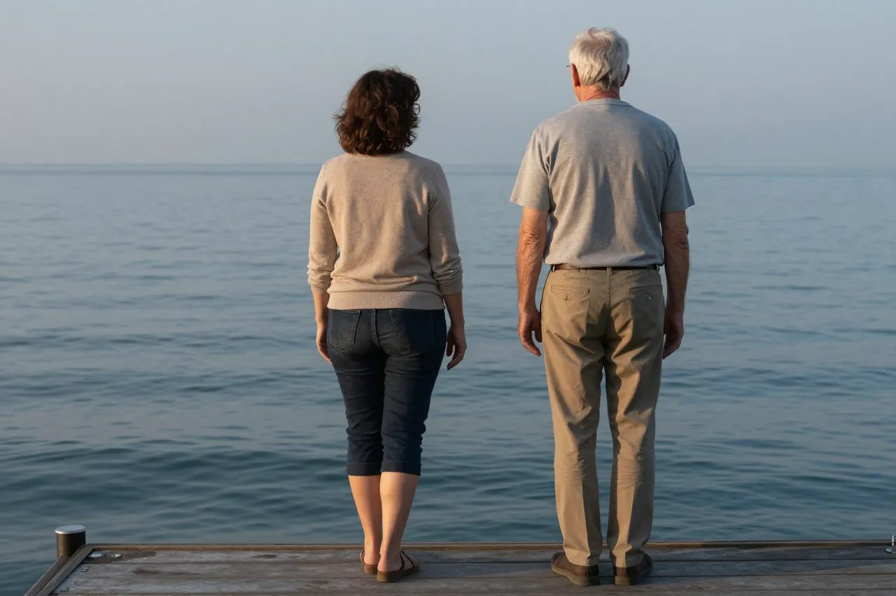 Seen from behind, a mature couple stands side by side on a pier overlooking calm water at dusk.